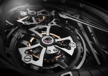 ROGER DUBUIS Excalibur DT Black Ceramic EX0820 Close up on double flying tourbillon and skeleton